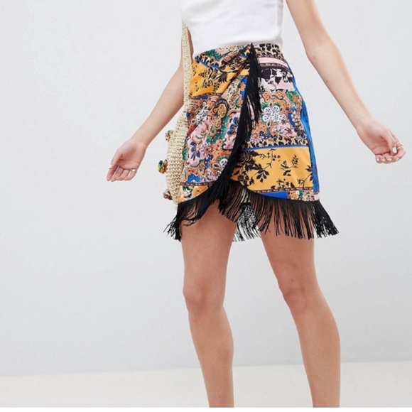 ASOS scarf print fringe wrap skirt - Picture 2 of 4
